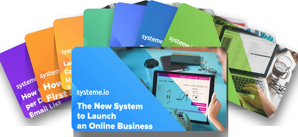 Ocho maquetas de cursos de Systeme.io en portátil, tableta y móvil