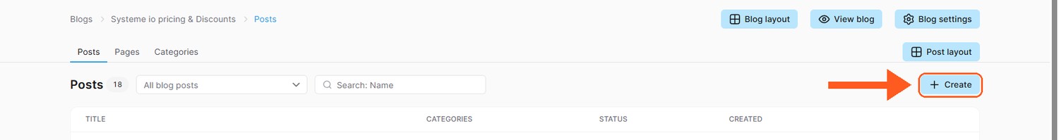 The Posts tab of a blog in Systeme.io with the Create button at the top right.