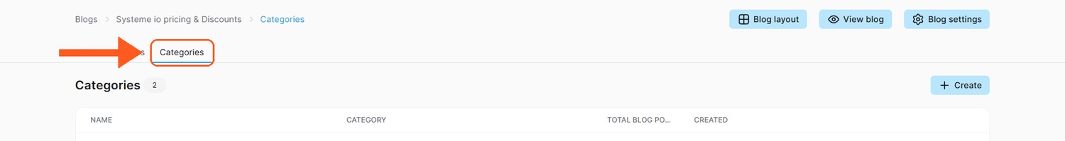 The Categories tab of a blog in Systeme.io, where the blog's categories are listed.