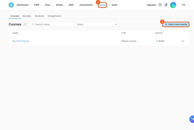 Die Seite Courses in Systeme.io mit dem Button Add a new course oben rechts.