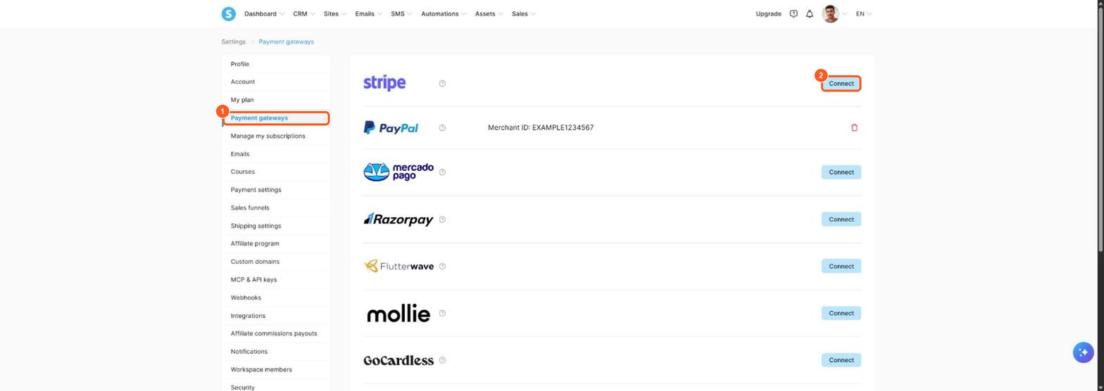 The Payment gateways page in Systeme.io with Stripe, PayPal and other payment providers. Stripe has a Connect button.