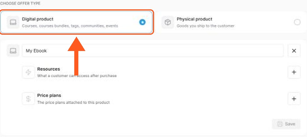 La sección Choose offer type de Systeme.io con Digital product seleccionado. Debajo, el producto tiene una sección Resources y otra Price plans, cada una con un botón más.
