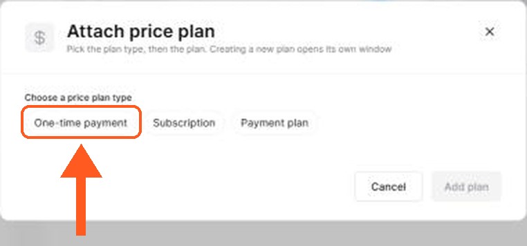 La ventana Attach price plan con las opciones One-time payment, Subscription y Payment plan.