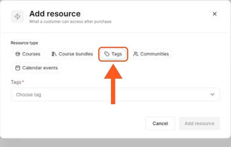 La ventana Add resource con la opción Tags seleccionada y un desplegable Choose tag.