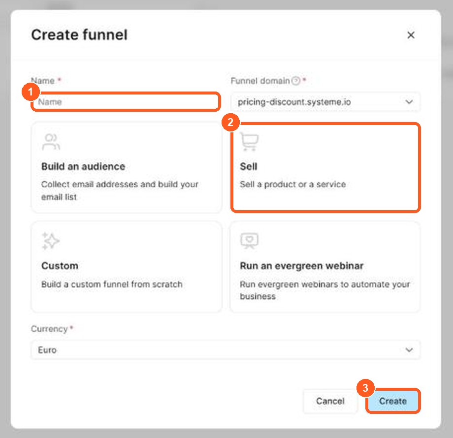 La ventana Create funnel de Systeme.io: campo de nombre, cuatro tarjetas de objetivo y botón Create. Marcada: Sell