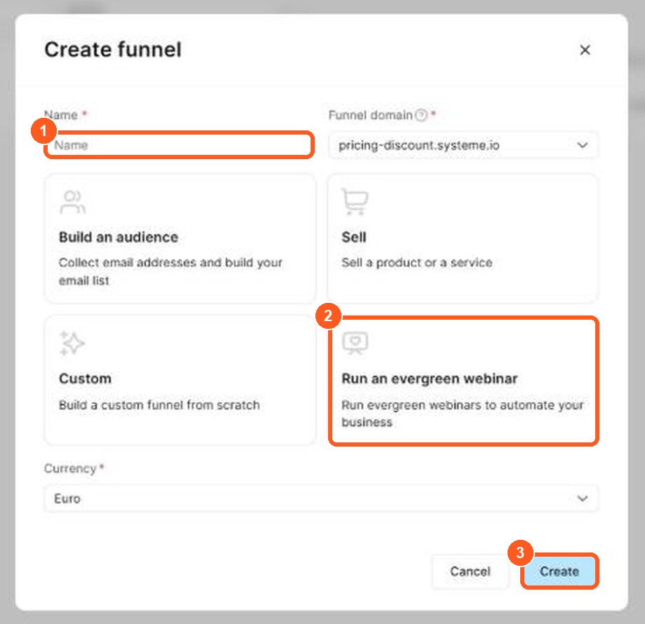 The Create funnel window in Systeme.io: name field, four goal cards and the Create button. Marked: Run an evergreen webinar