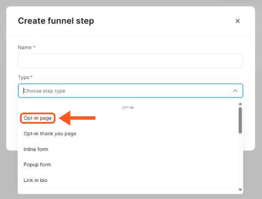 The step Type list in Systeme.io. Marked: Opt-in page, Opt-in thank you page