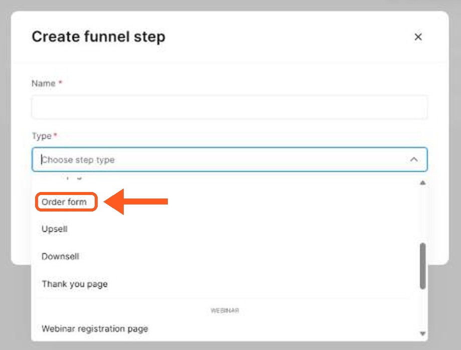 A lista Type de passos no Systeme.io. Marcado: Order form, Upsell, Downsell, Thank you page