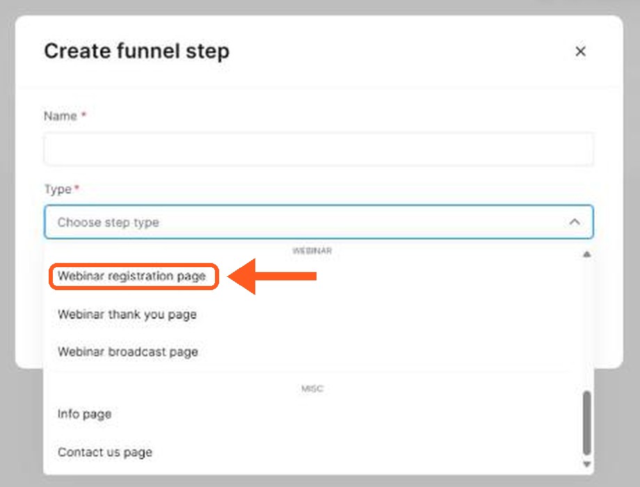 The step Type list in Systeme.io. Marked: Webinar registration page, Webinar thank you page, Webinar broadcast page