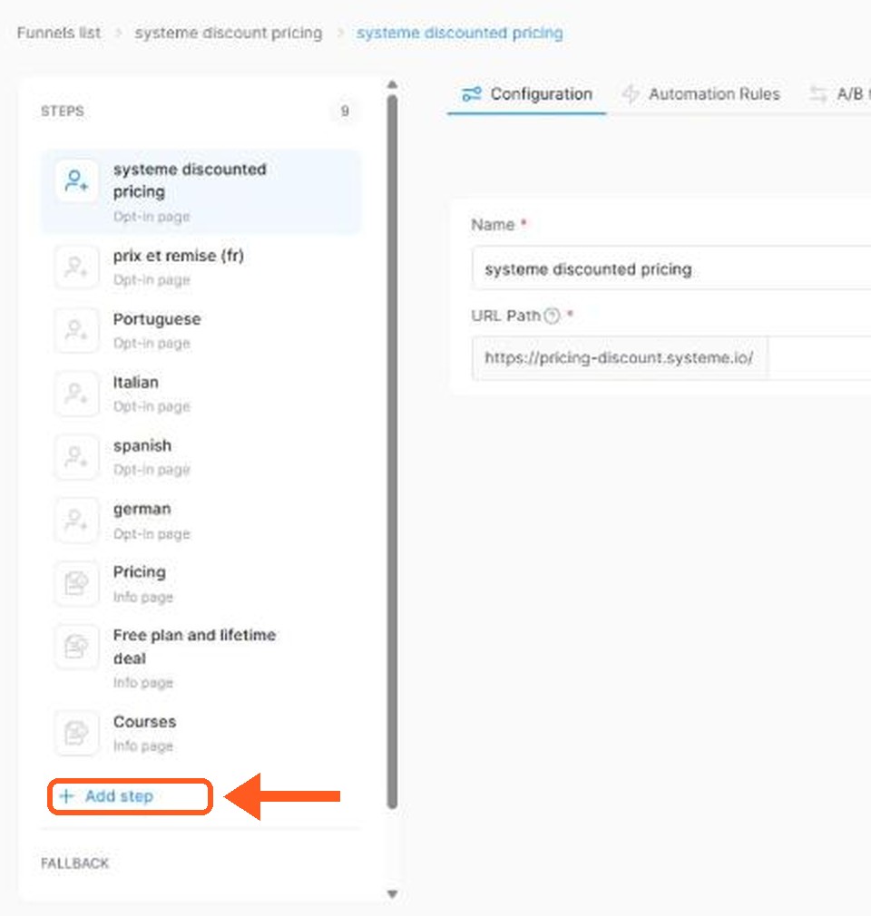Um funil no Systeme.io com a lista de passos à esquerda e o botão Add step abaixo da lista.
